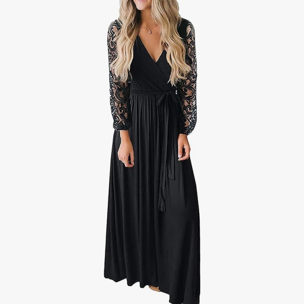 Elegant Black Lace Sleeve Maxi Dress
